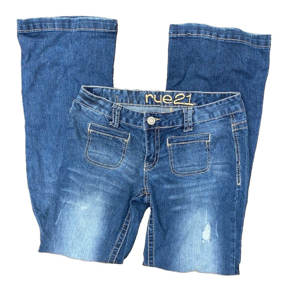 VTG Y2K Rue21 Jeans Jrs Size 7/8 Flare Embroidered Low Rise Pockets Stonewashed